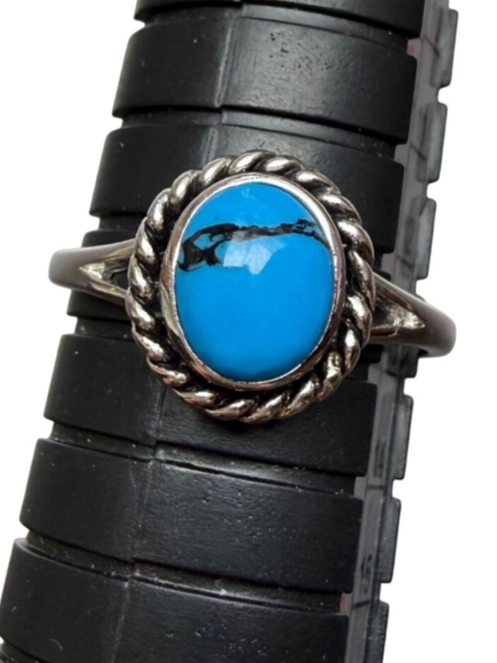 Turquoise Cabochon Sterling Silver Ring Size 7 With Twisted Rope Detail